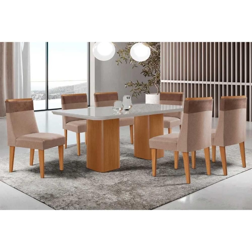 Conjunto: Mesa de Cozinha Maldivas c/ Tampo Madeirado c/ Vidro Canto Curvo 180x90cm e 6 Cadeiras Jaspe Naturale/Off White - Suede Capuccino - Rufato