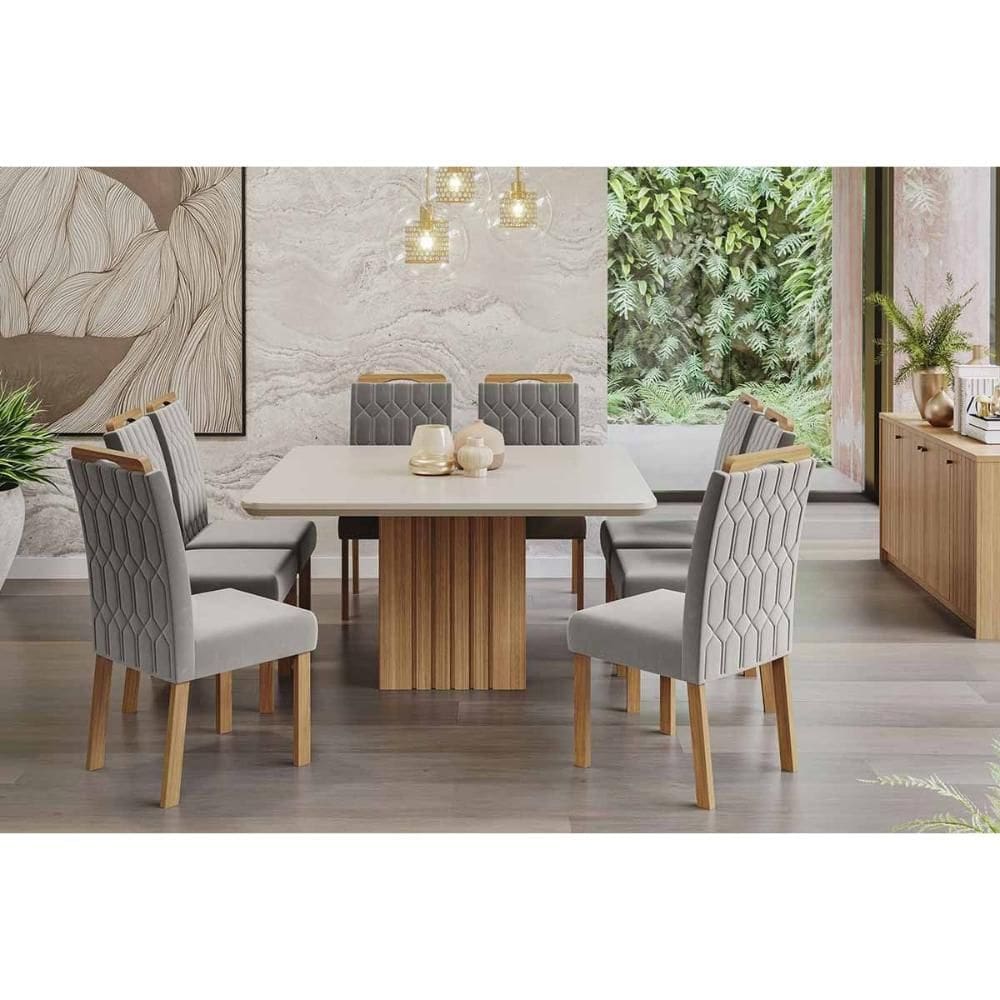 Conjunto: Mesa Sala Jantar Ana Tampo Madeirado c/ Vidro 130x130cm e 8 Cadeiras Paola Cinamomo/Off White - Carvalho/Linho Grafite - Cimol