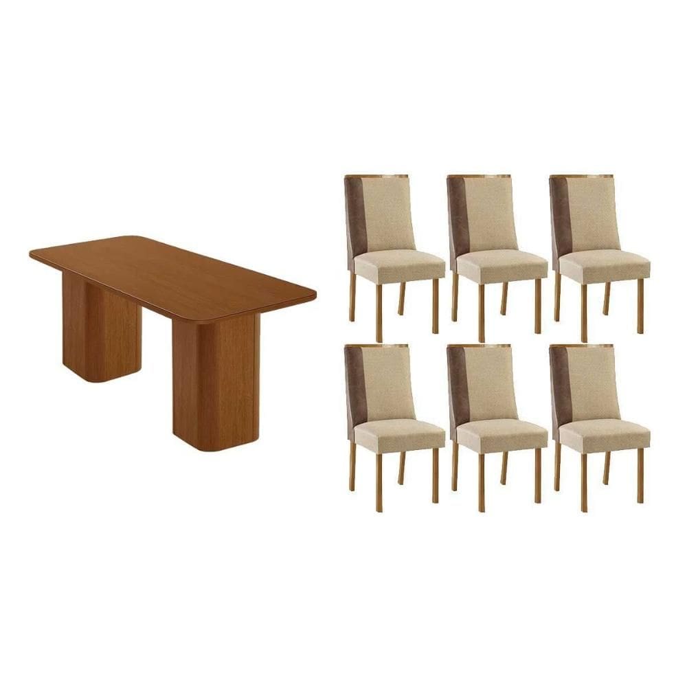 Conjunto: Mesa de Cozinha Maldivas c/ Tampo Madeirado Canto Curvo 180x90cm e 6 Cadeiras Tilia Naturale - Linho Bege - Rufato