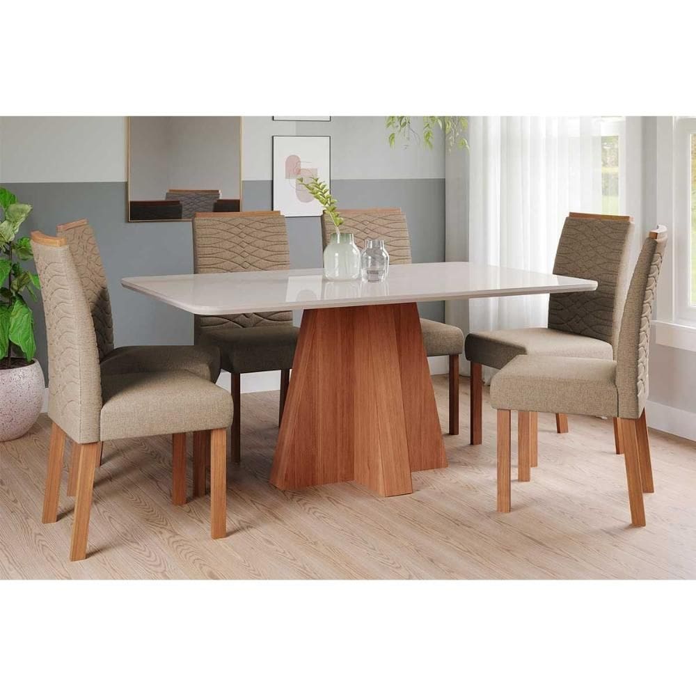 Conjunto: Mesa Sala Jantar Maitê Tampo Madeirado c/ Vidro 160x80cm e 6 Cadeiras Clarice Cinamomo/Off White - Carvalho/Linho Bege - Cimol