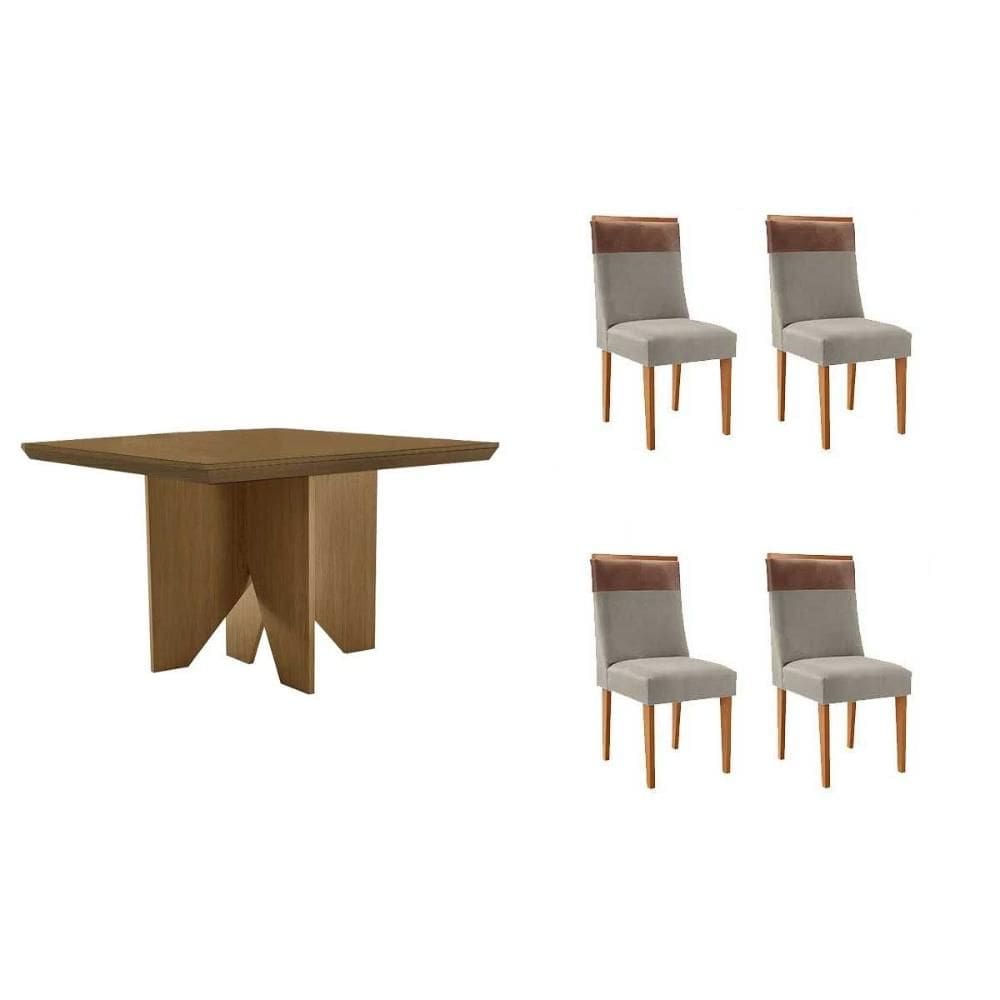 Conjunto: Mesa de Cozinha Nevada c/ Tampo Madeirado Canto Curvo 90x90cm e 4 Cadeiras Jaspe Naturale - Suede Capuccino - Rufato
