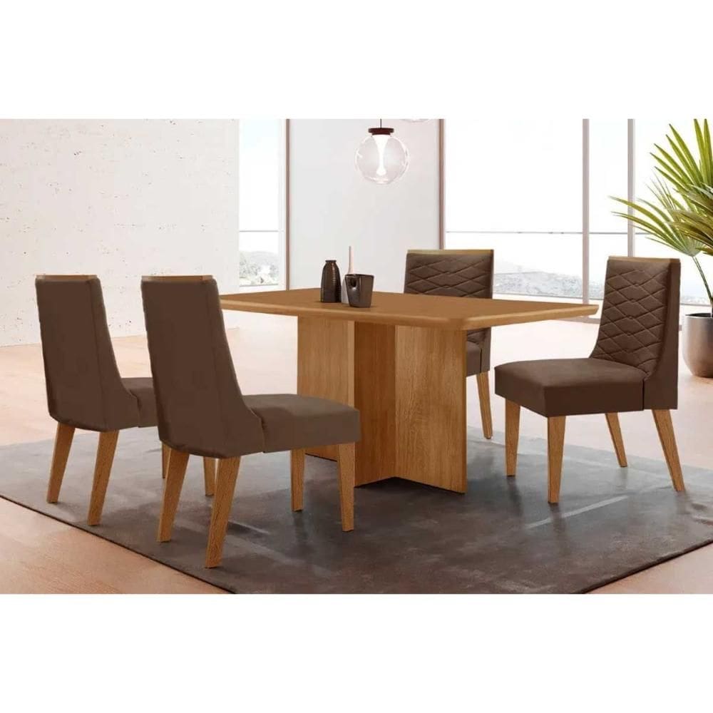 Conjunto: Mesa de Cozinha Berlim c/ Tampo Madeirado Canto Curvo 120x80cm e 4 Cadeiras Maldivas Naturale - Suede Marrom - Rufato