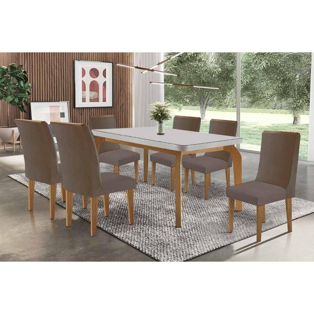 Conjunto: Mesa de Cozinha Londrina c/ Tampo Madeirado c/ Vidro Canto Curvo 180x90cm e 6 Cadeiras Dakota Naturale/Off White - Suede Capuccino - Rufato
