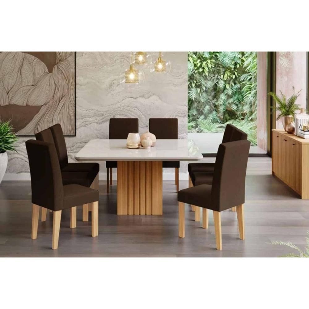 Conjunto: Mesa Sala Jantar Ana Tampo Madeirado c/ Vidro 130x130cm e 8 Cadeiras Maia Cinamomo/Off White - Nature/Suede Mascavo Chocolate - Cimol