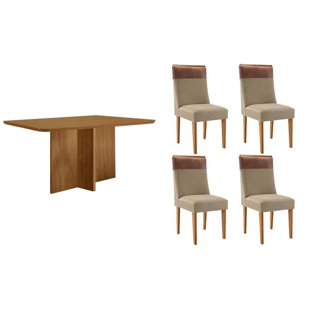 Conjunto: Mesa de Cozinha Berlim c/ Tampo Madeirado Canto Curvo 120x80cm e 4 Cadeiras Jaspe Naturale - Linho Bege - Rufato