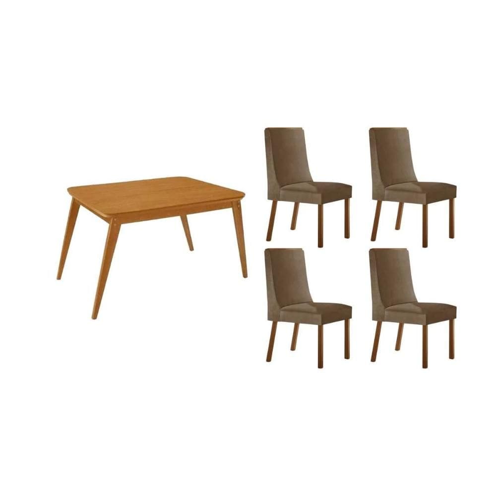 Conjunto: Mesa de Cozinha Havana c/ Tampo Madeirado Canto Curvo 120x80cm e 4 Cadeiras Dakota Naturale - Suede Capuccino - Rufato