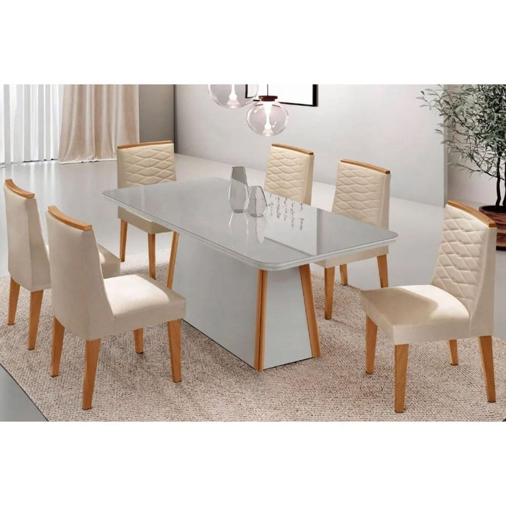 Conjunto: Mesa de Cozinha Tilia c/ Tampo Madeirado c/ Vidro Canto Curvo 180x90cm e 6 Cadeiras Maldivas Naturale/Off White - Suede Creme - Rufato