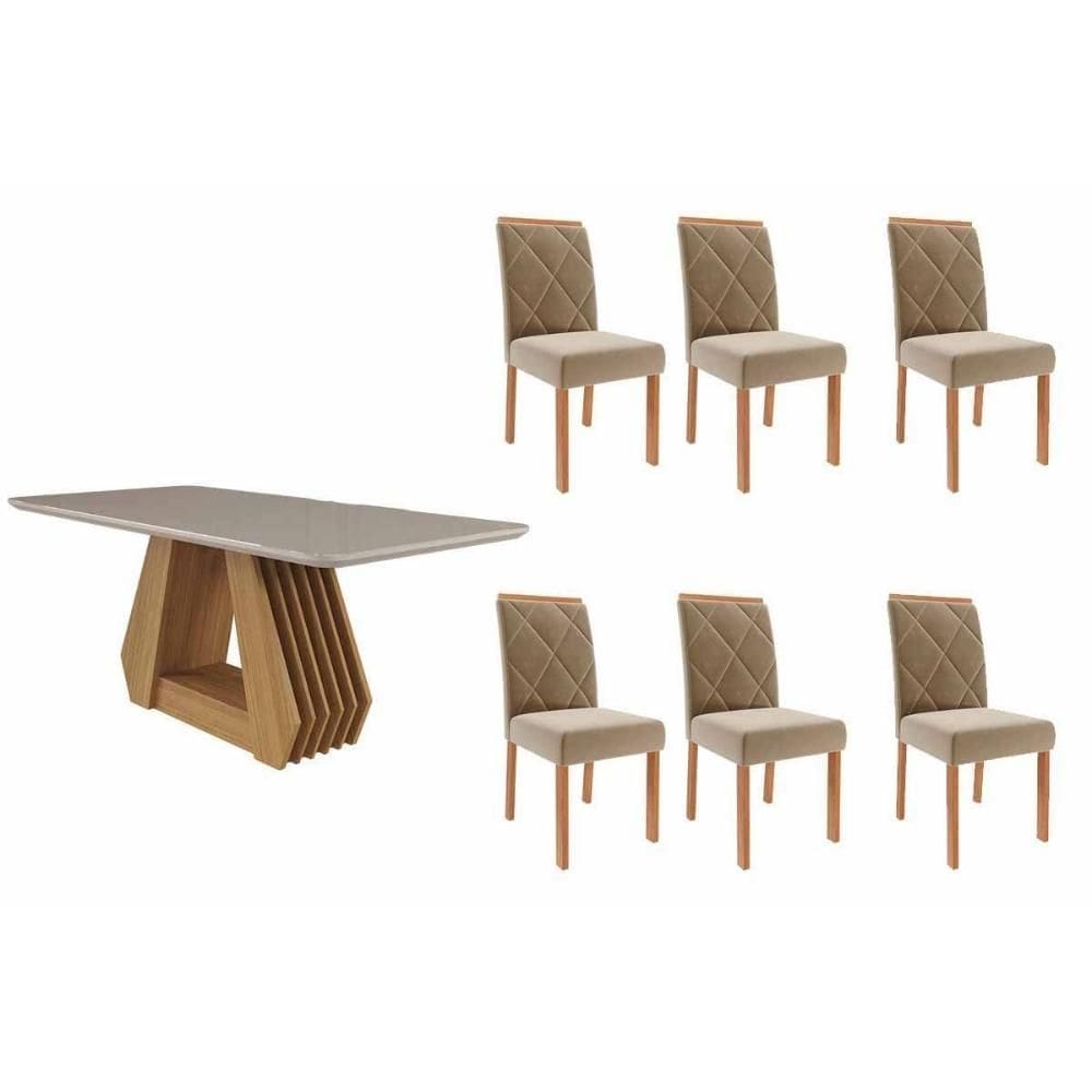 Conjunto: Mesa de Cozinha Ágata Tampo Madeirado c/ Vidro 180x90cm e 6 Cadeiras Fernanda Nature/Off White - Carvalho/Suede Joli Capuccino - Cimol