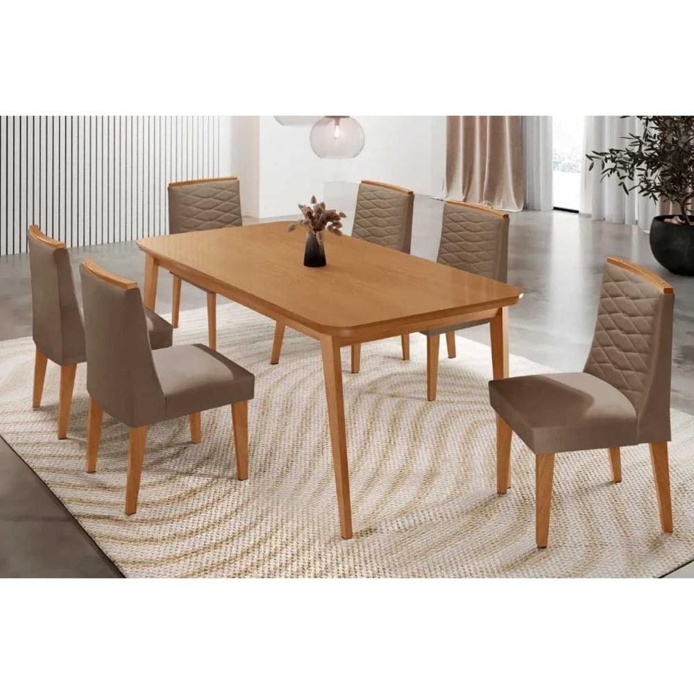 Conjunto: Mesa de Cozinha Havana c/ Tampo Madeirado Canto Curvo 180x90cm e 6 Cadeiras Maldivas Naturale - Suede Capuccino - Rufato