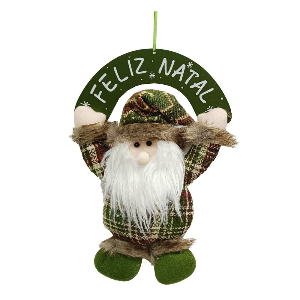 Guirlanda Placa Feliz Natal Madeira Papai Noel Decorativo Pelúcia Verde Xadrez e Gorro Crochê 30cm