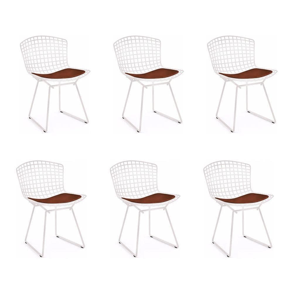Kit 6 Cadeiras Bertoia Branca Com Assento Marrom