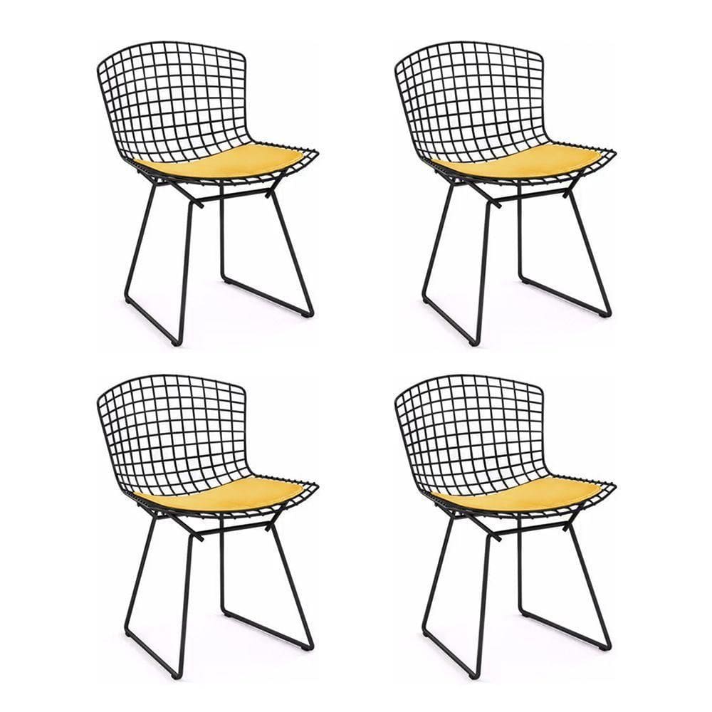 Kit 4 Cadeiras Bertoia Preta Com Assento Amarelo
