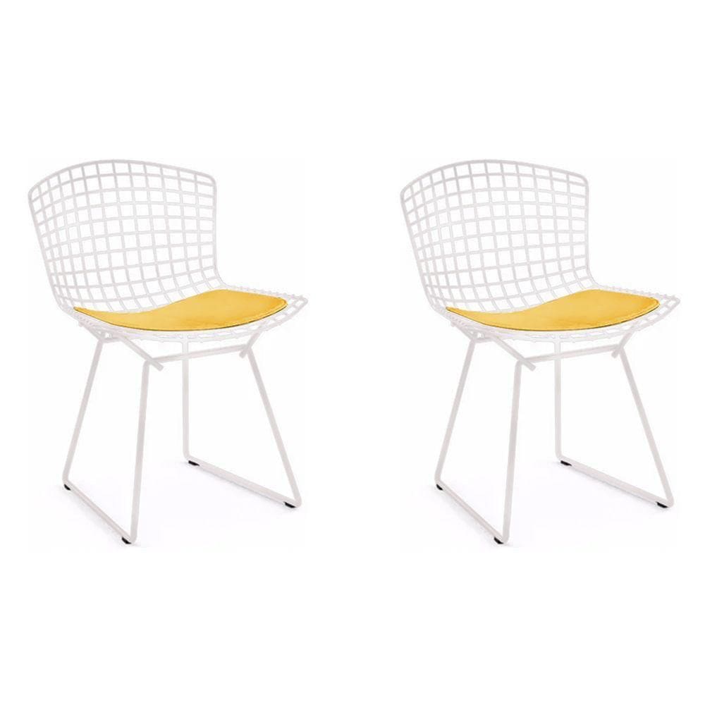 Kit 2 Cadeiras Bertoia Branca Com Assento Amarelo