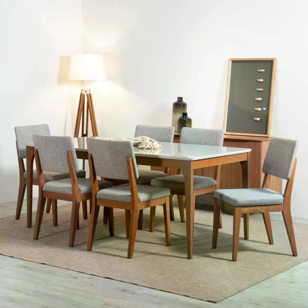 Conjunto de Jantar Mesa com Vidro 6 Cadeiras Ella - Natural c/ Mescla Cinza