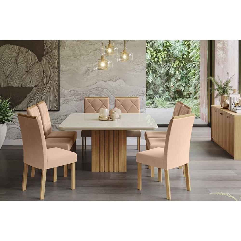 Conjunto: Mesa Sala Jantar Ana Tampo Madeirado c/ Vidro 130x130cm e 8 Cadeiras Fernanda Cinamomo/Off White - Carvalho/Suede Nude Bege - Cimol