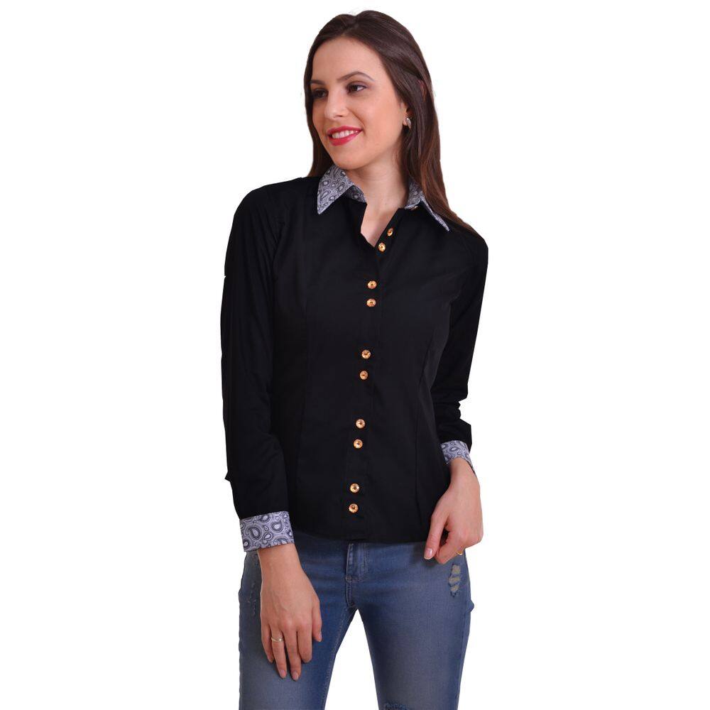 Camisa Social Feminina Manga Longa Camisete Slim Preta