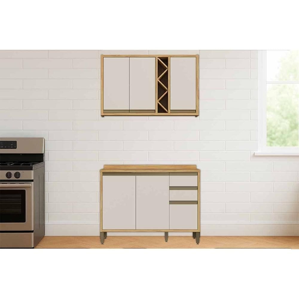 Cozinha Modulada Ronipa Tempranillo Tempranillo 2 Peças (1Aéreo+1Balcão) C2P58 Amendoa/Off White-Ronipa