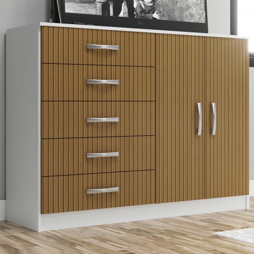 Cômoda Siena 2 Portas 5 Gavetas Branco/Canela - Panorama Móveis
