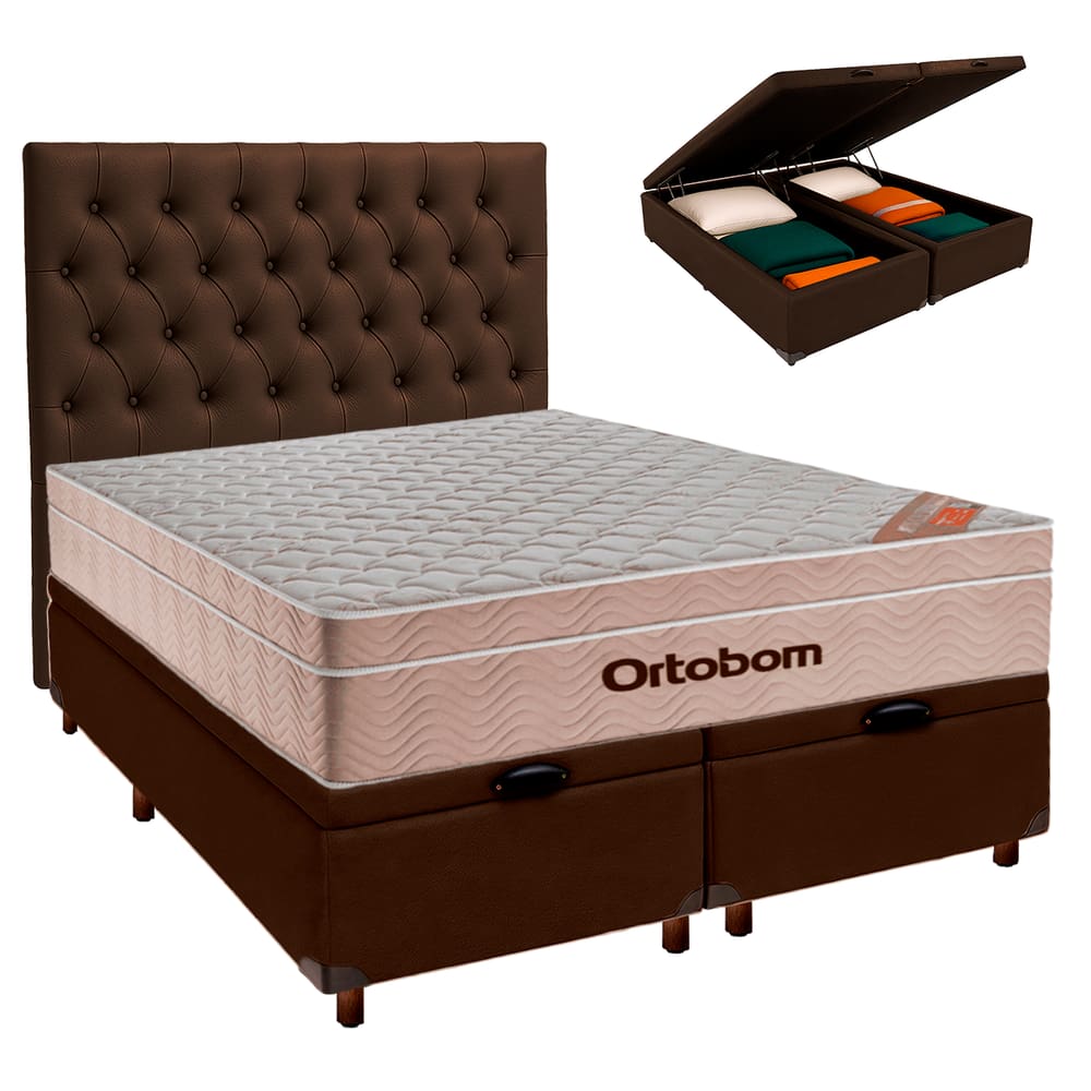 Kit Cabeceira + Cama Box Bau + Colchão Casal Molas Ensacadas Airtech Ortobom