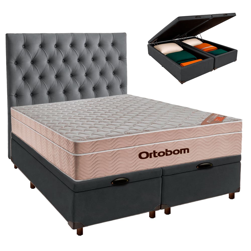 Cama Box Bau + Colchão Queen Ortobom Molas Ensacadas Airtech + Cabeceira Estofada