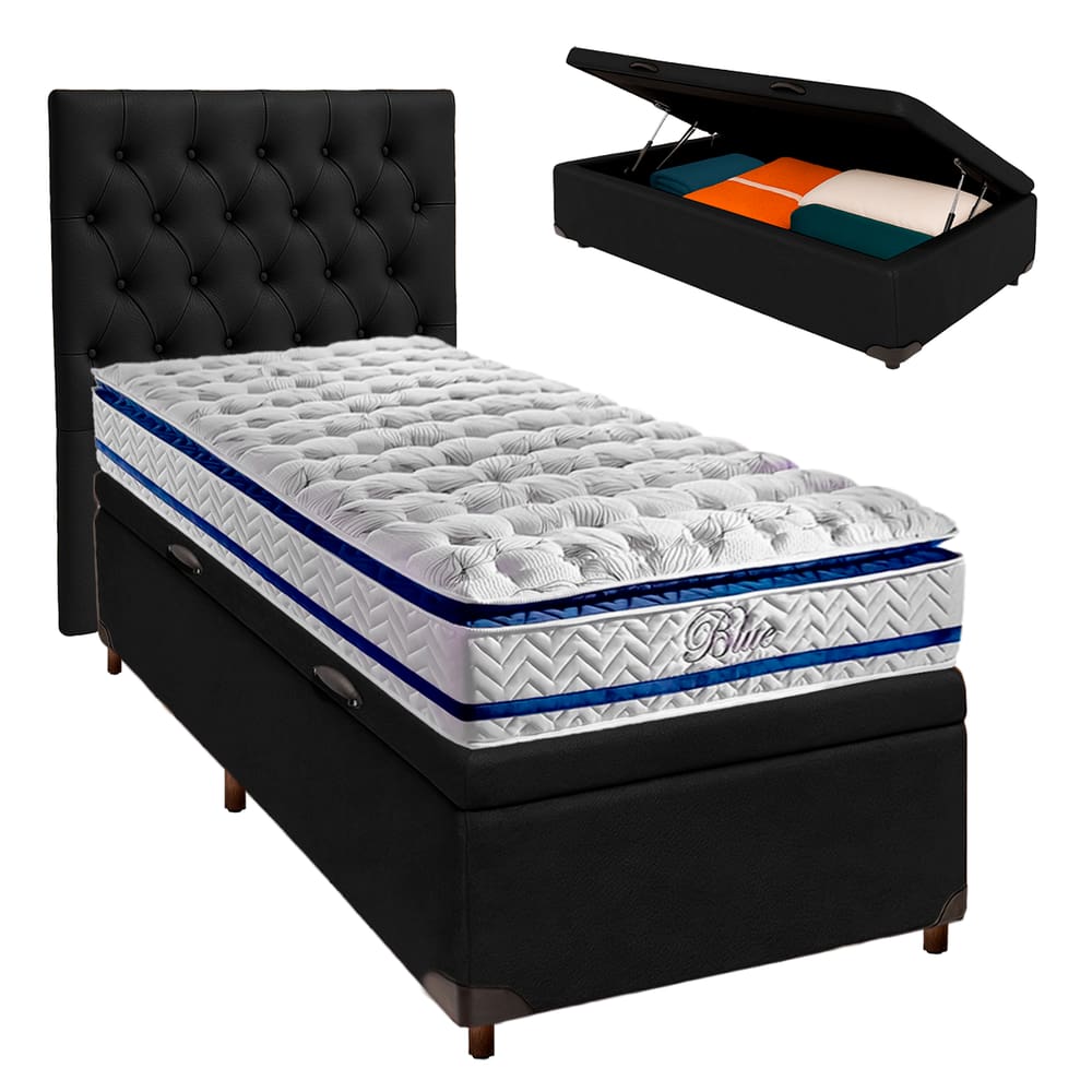 Cama Box Bau + Colchão Solteiro Molas Ensacadas Blue Paropas + Cabeceira Estofada