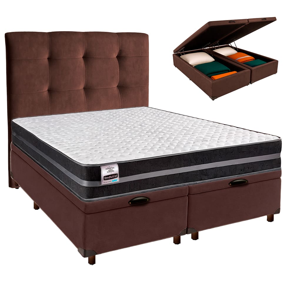 Cama + Bau Blindado e Colchão Molas Ultralastic Queen - Bogota Inducol + Cabeceira