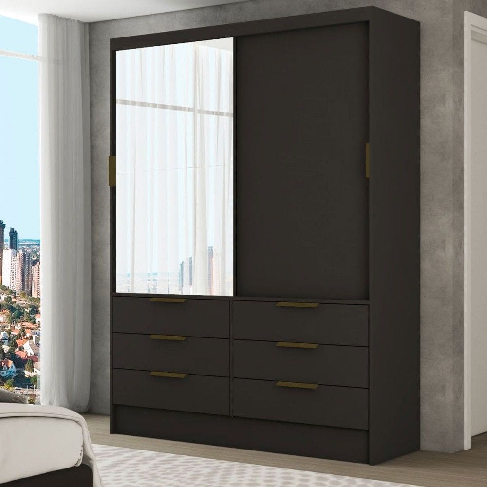 Guarda-Roupa Solteiro Ilhéus 2 Portas de Correr 6 Gavetas com Espelho Preto - Panorama Móveis