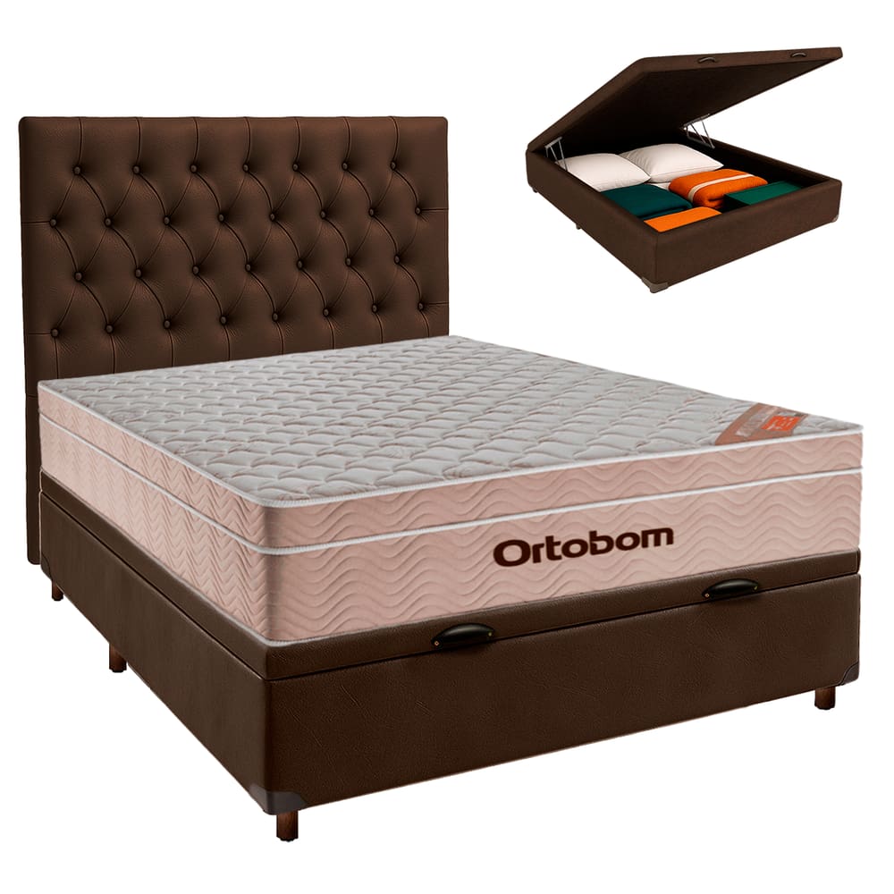 Conjunto Cama Box Bau Blindado Casal + Colchão Molas Ensacadas Airtech Ortobom + Cabeceira