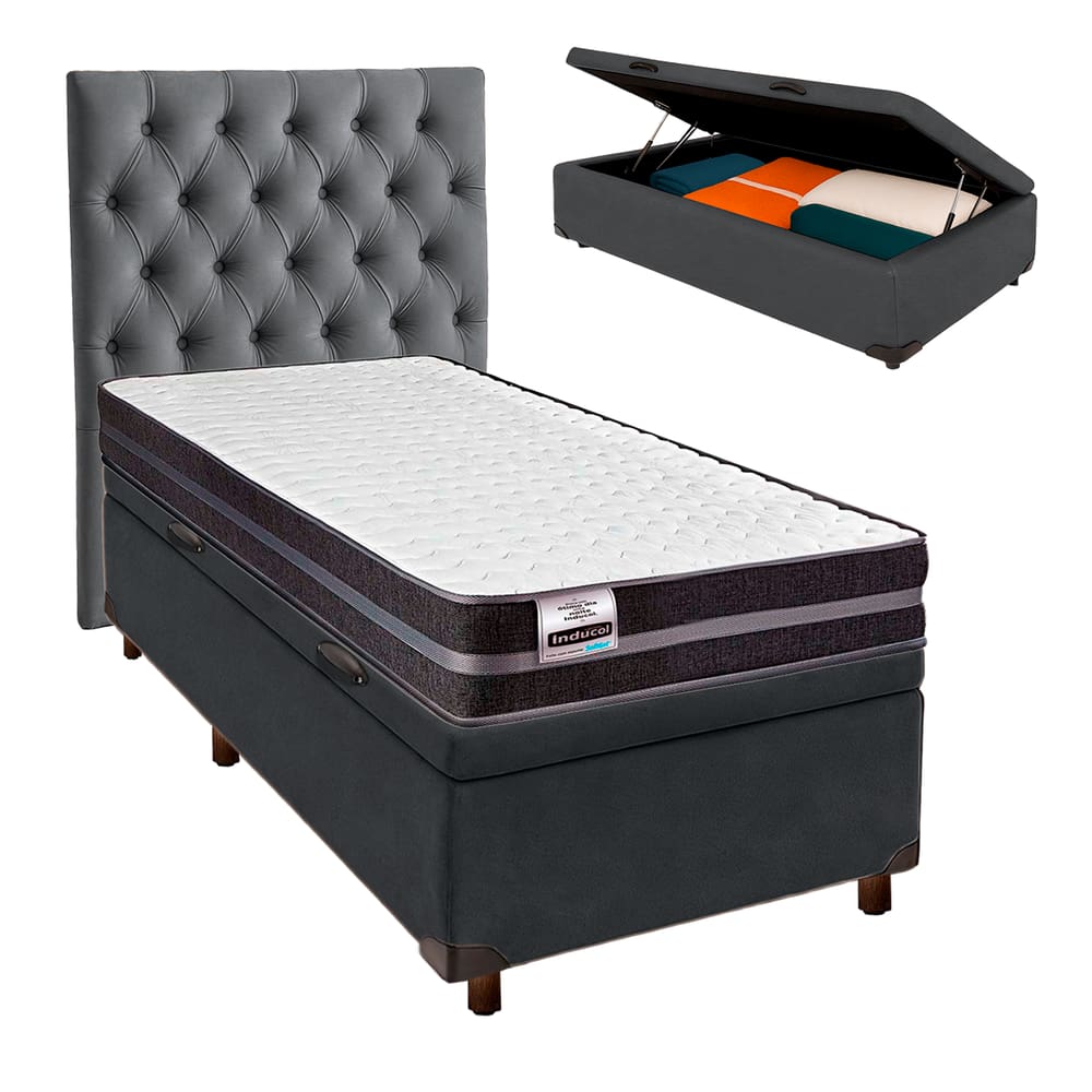 Conjunto Cama Box Bau Blindado Solteiro + Colchão Molas Ultralastic Bogota Inducol + Cabeceira