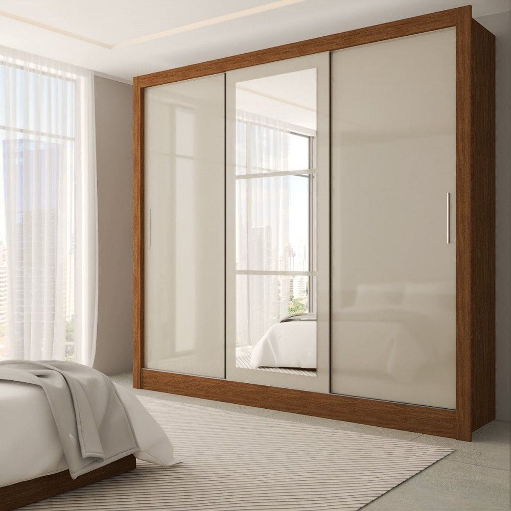 Guarda-Roupa Casal Sophia 3 Portas 3 Gavetas com Espelho Cinamomo/Off White - Pm
