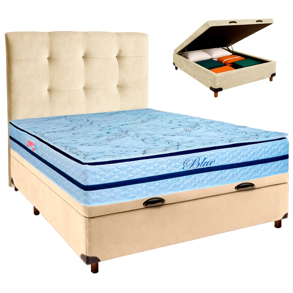 Cama + Bau Blindado e Colchão Molas Ensacadas Casal - Blue Paropas + Cabeceira
