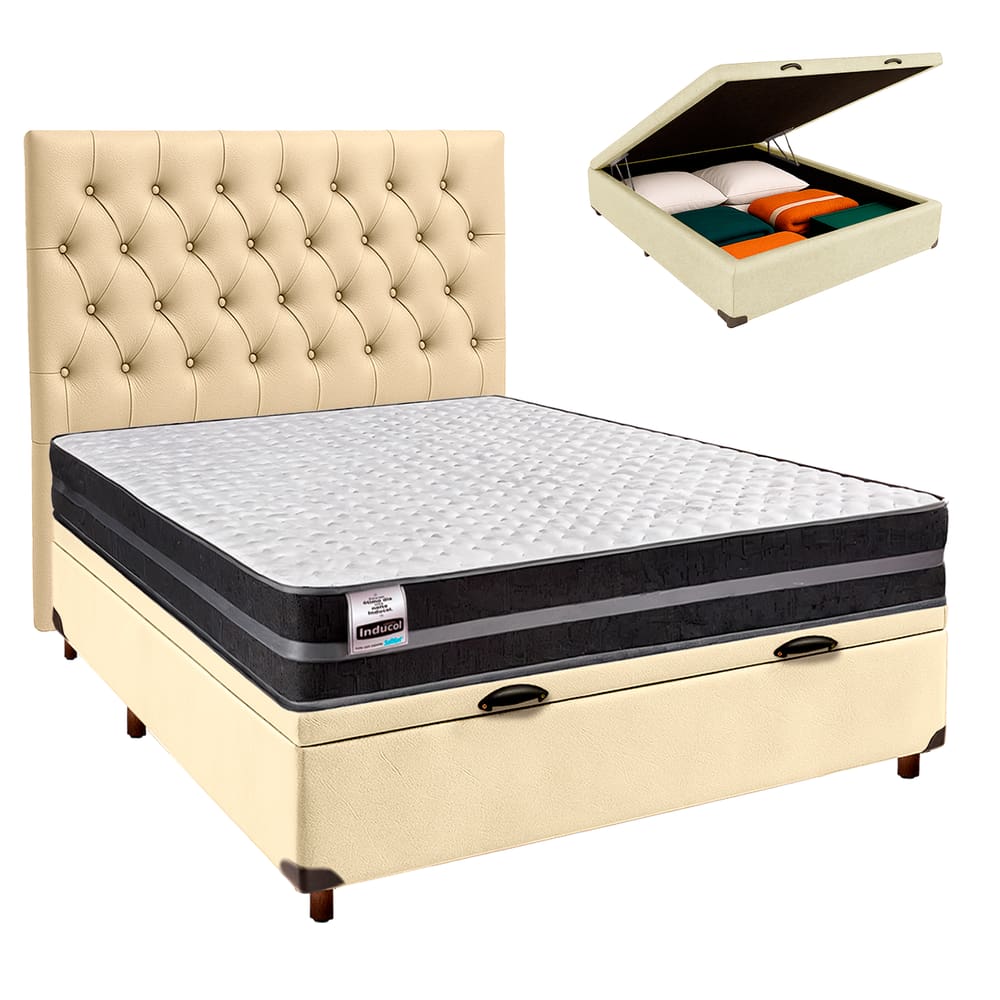 Cama + Bau Bege e Colchão Molas Ultralastic Casal - Bogota Inducol + Cabeceira