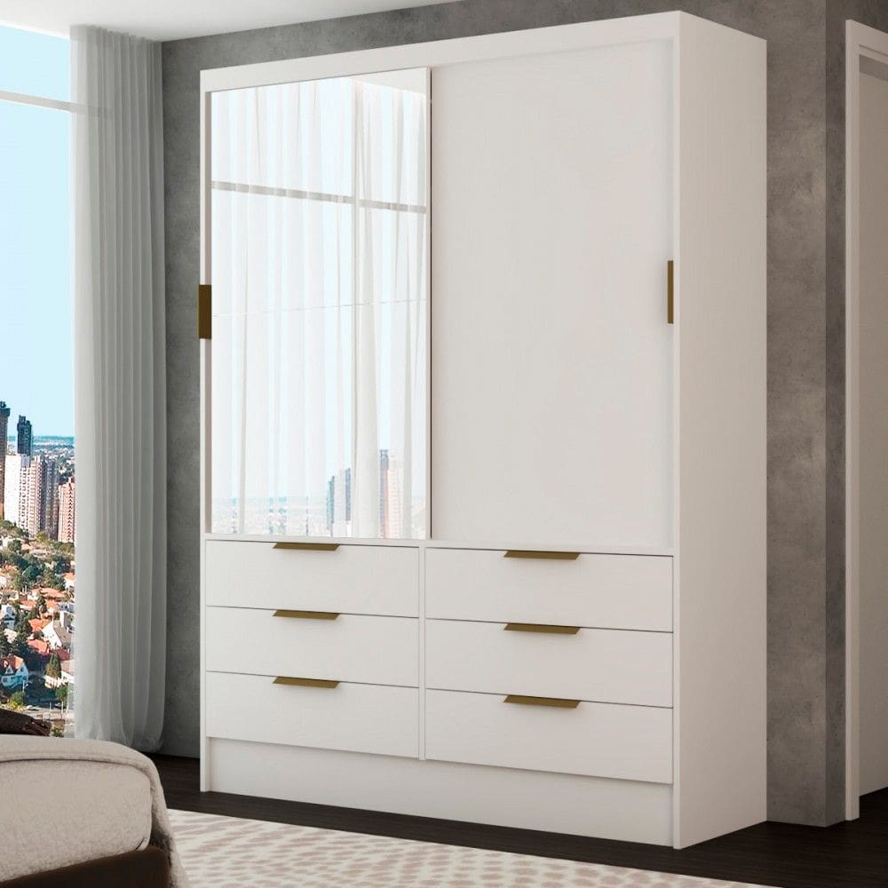 Guarda-Roupa Solteiro Taylor 2 Portas de Correr 6 Gavetas com Espelho Branco - Pm