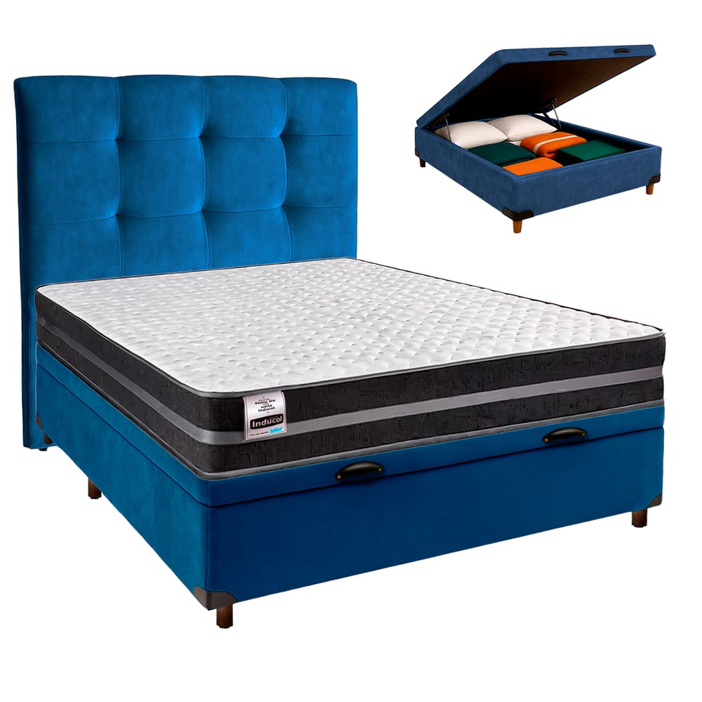 Cama + Bau Azul e Colchão Molas Ultralastic Casal - Bogota Inducol + Cabeceira