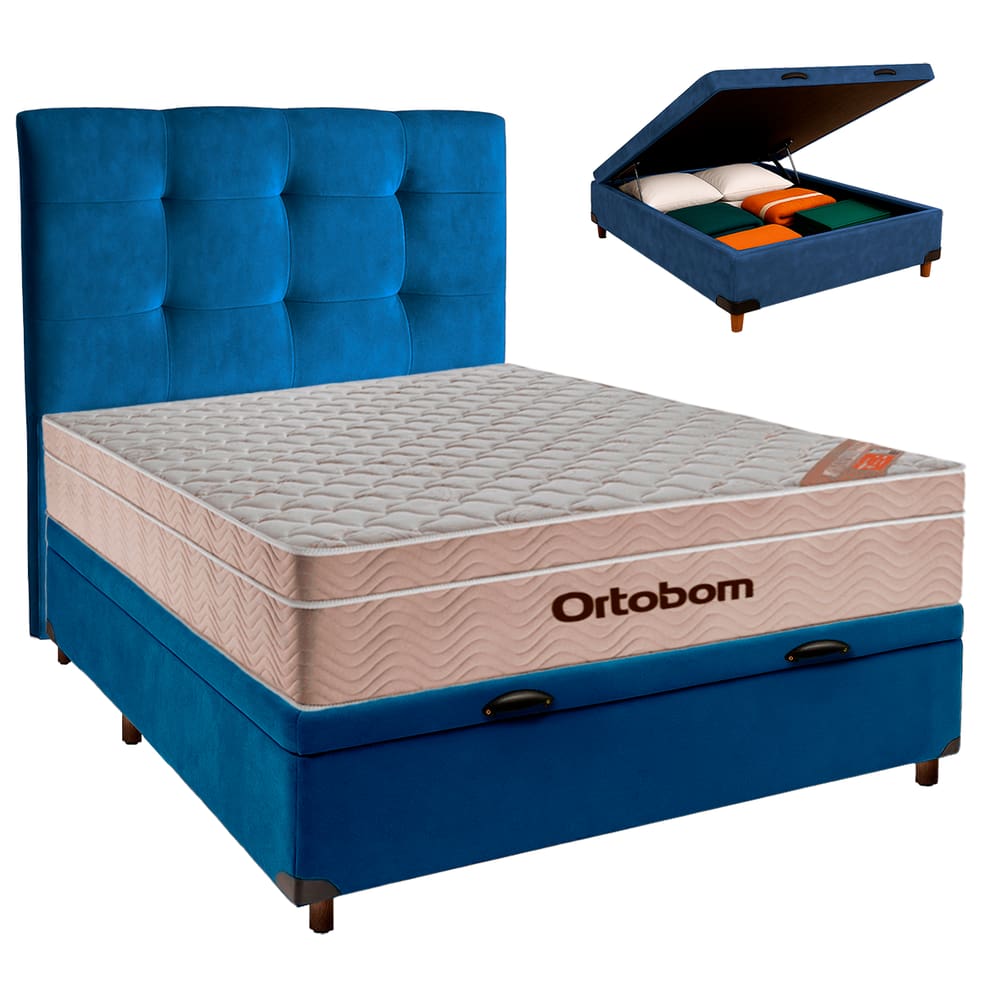 Cama Box Bau + Colchão Casal Ortobom Molas Ensacadas Airtech + Cabeceira Estofada