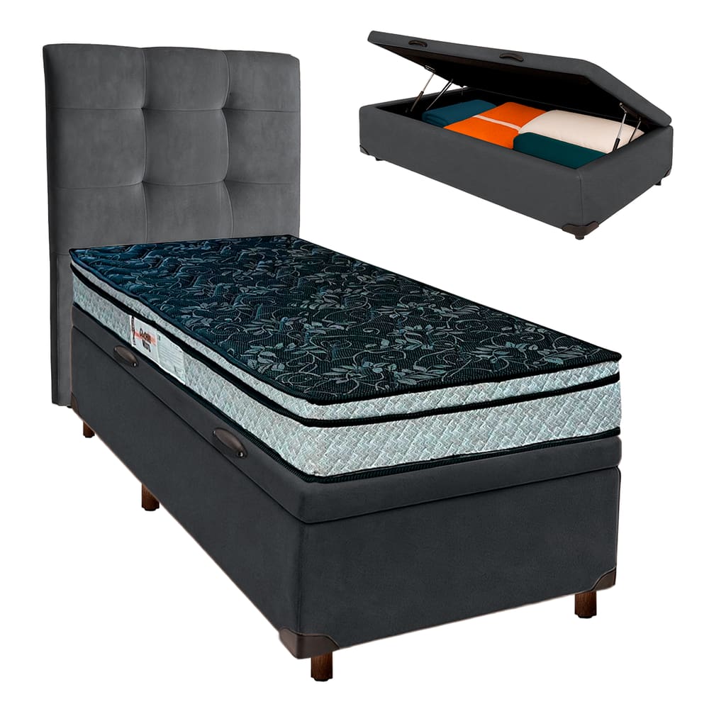 Kit Cabeceira + Cama Box Bau  + Colchão Solteiro D28 Conforto Paropas