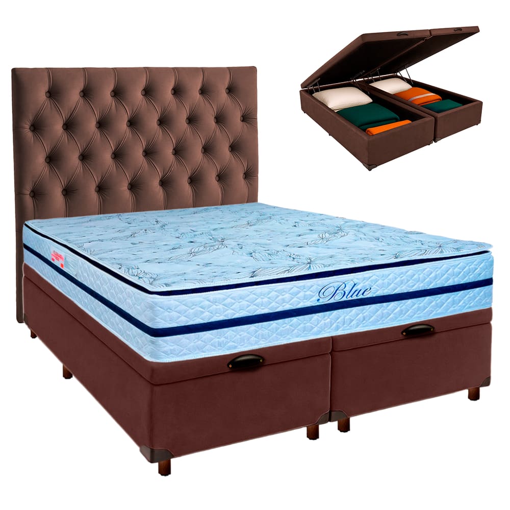 Kit Cabeceira + Cama Box Bau  + Colchão Queen Molas Ensacadas Blue Paropas