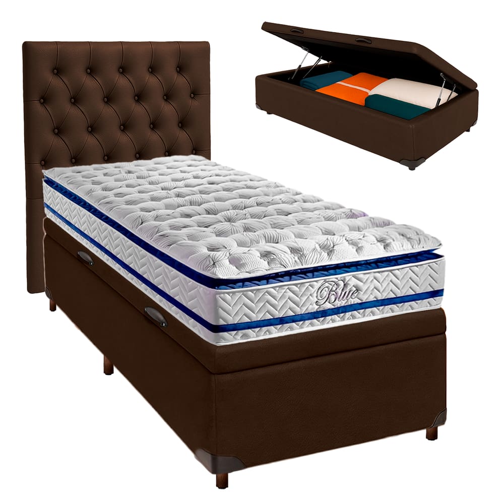 Conjunto Cama Box Bau Blindado Solteiro + Colchão Molas Ensacadas Blue Paropas + Cabeceira