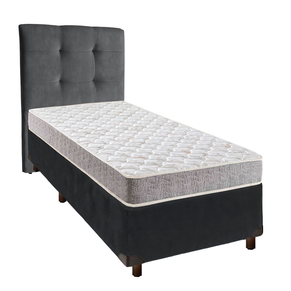 Cama + Box Cinza e Colchão D23 Solteiro - D23 Inducol + Cabeceira