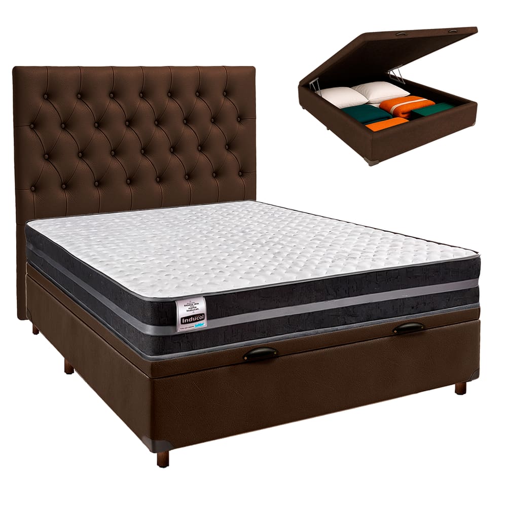 Cama Box Bau + Colchão Casal Molas Ultralastic Bogota Inducol + Cabeceira Estofada