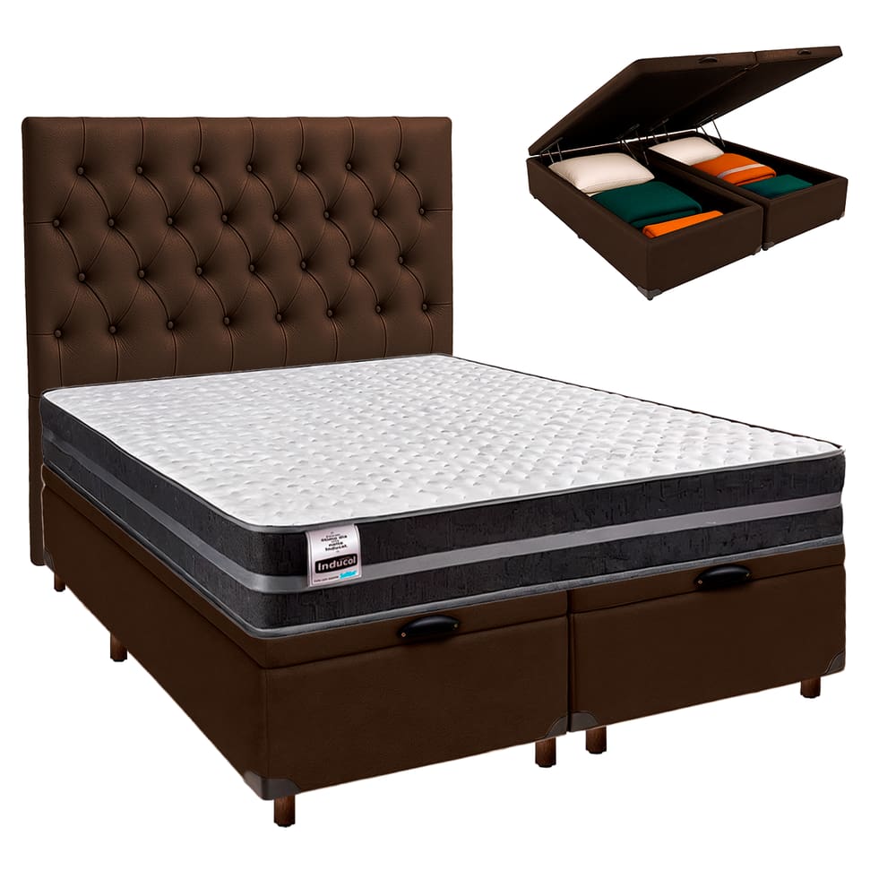 Conjunto Cama Box Bau Blindado Casal + Colchão Molas Ultralastic Bogota Inducol + Cabeceira