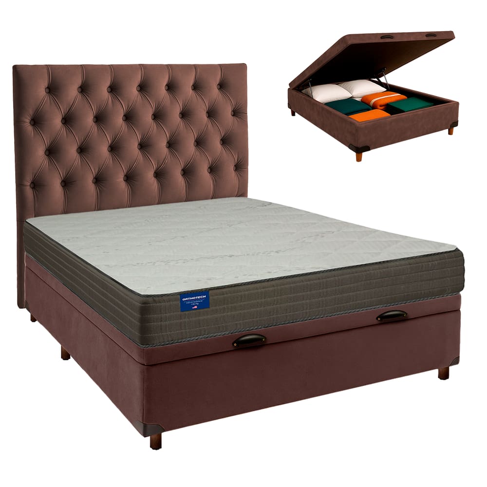 Cama Box Bau + Colchão Casal D33 Orthotech Inducol + Cabeceira Estofada