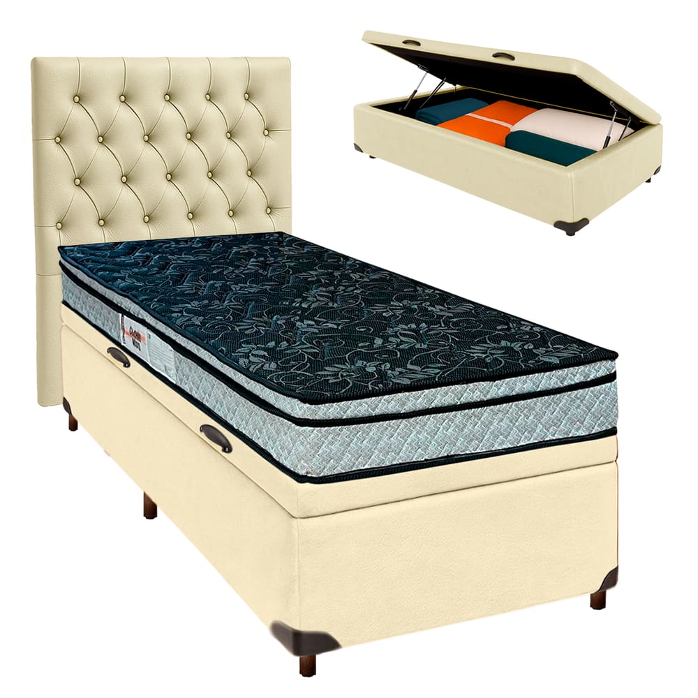 Cama Box Bau + Colchão Solteiro D28 Conforto Paropas + Cabeceira Estofada
