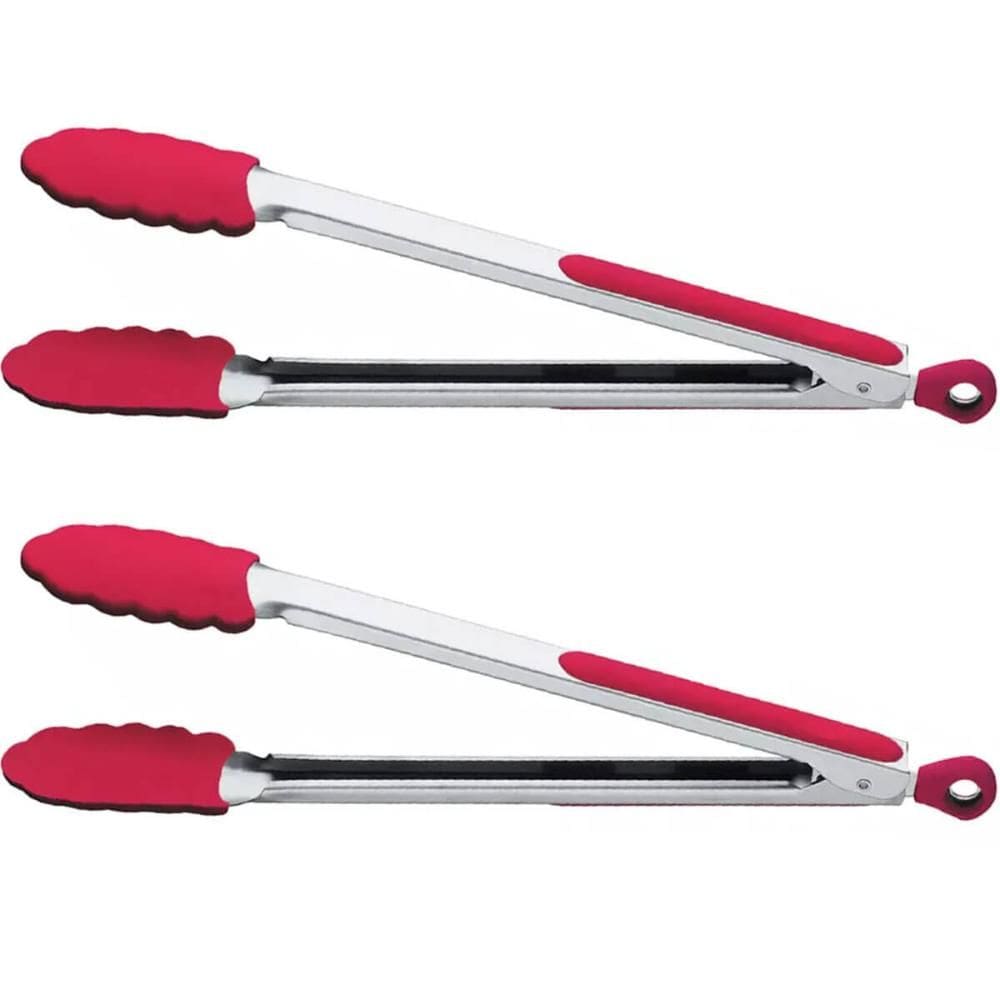 Kit 2 Pegadores de Silicone Churrasco Salada Massa Pinça Inox Pegador Vermelho Coza