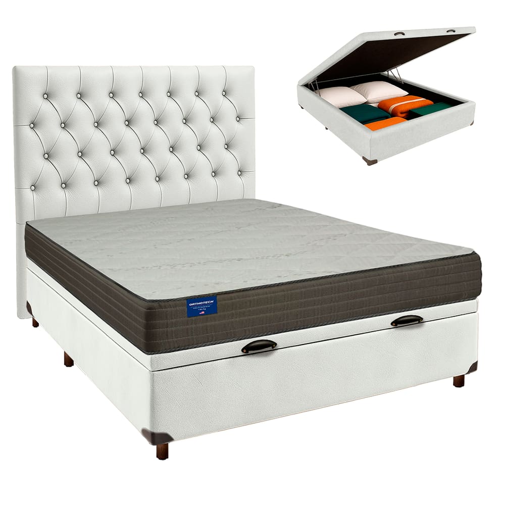 Conjunto Cama Box Bau Blindado Casal + Colchão D33 Orthotech Inducol + Cabeceira