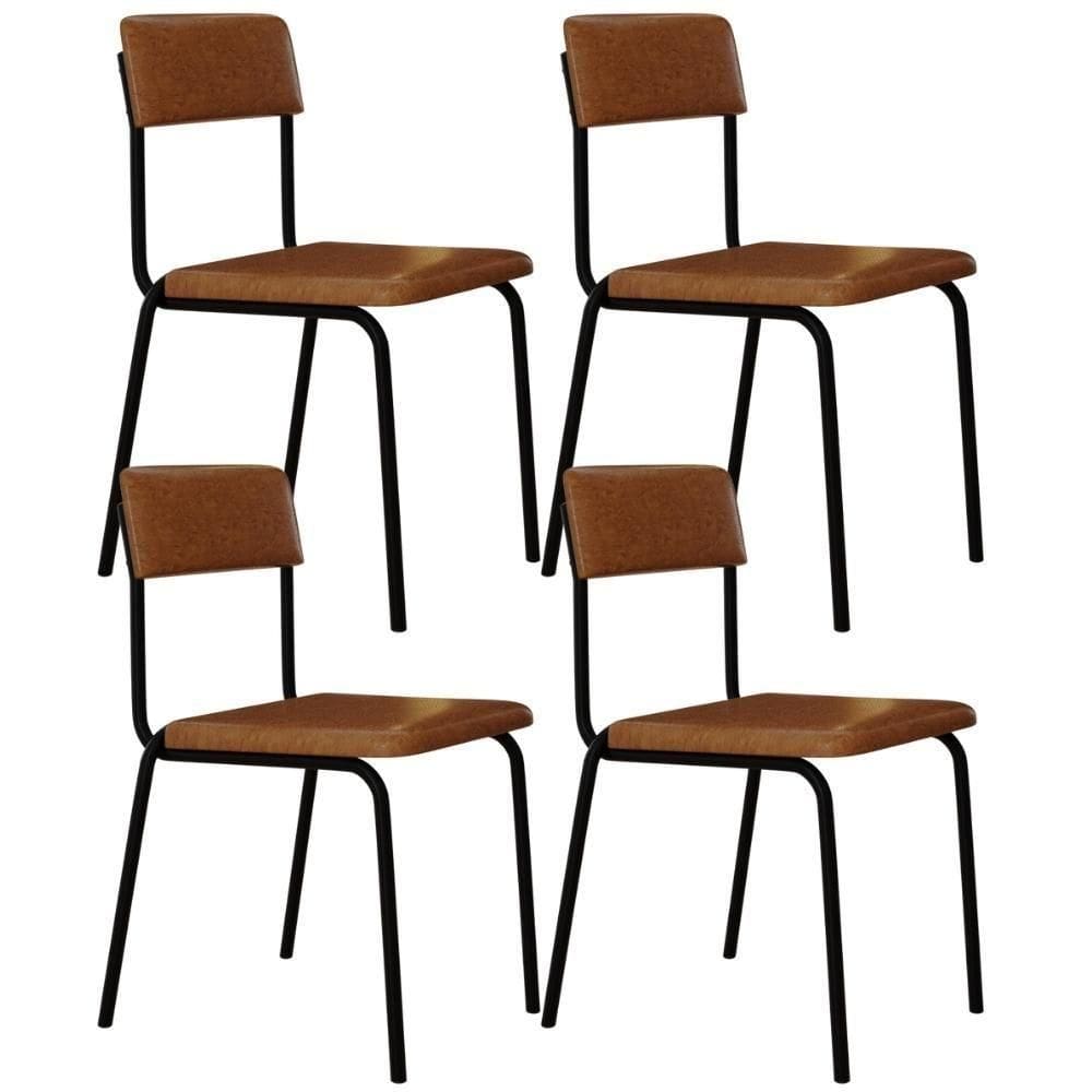 Kit 04 Cadeiras Estofada Para Sala De Jantar Sense Preto C01 Courino Caramelo - Lyam Decor