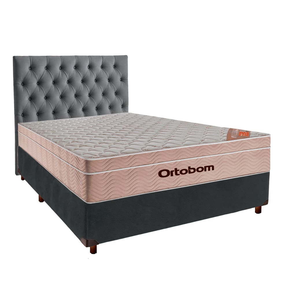 Cama + Box Cinza e Colchão Ortobom Molas Ensacadas Casal - Airtech + Cabeceira