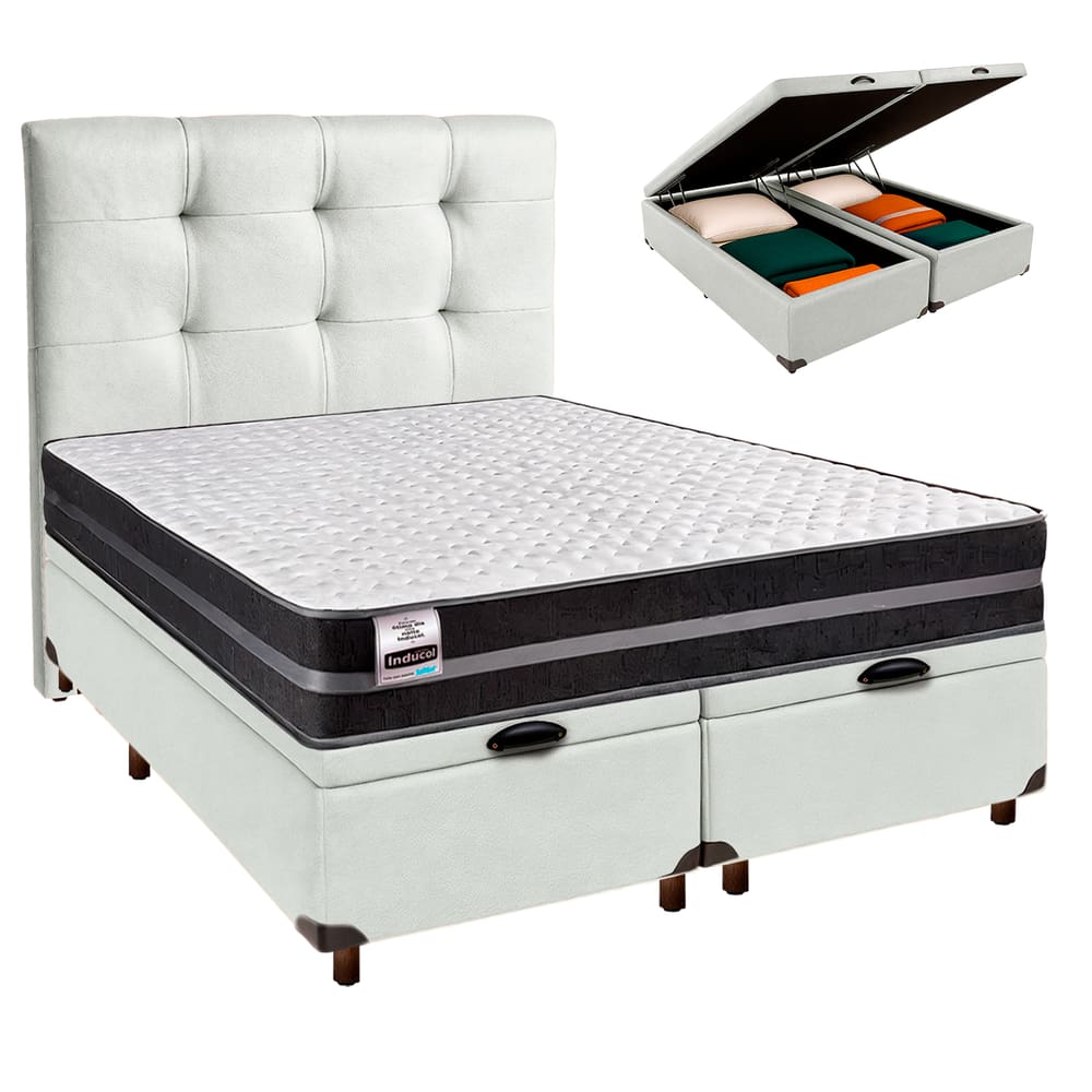 Conjunto Cama Box Bau Blindado Queen + Colchão Molas Ultralastic Bogota Inducol + Cabeceira