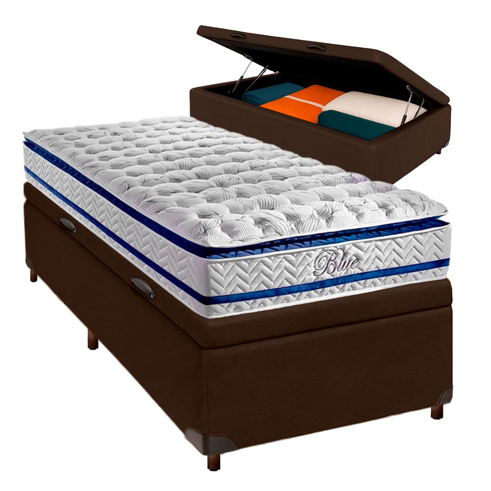 Cama Box Bau Blindado Solteiro + Colchão Molas Ensacadas Blue Paropas