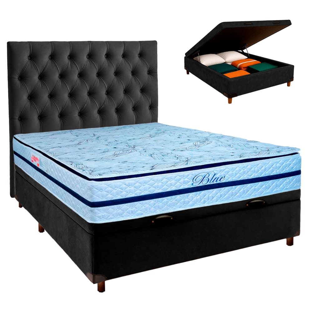 Cama Box Bau + Colchão Casal Molas Ensacadas Blue Paropas + Cabeceira Estofada